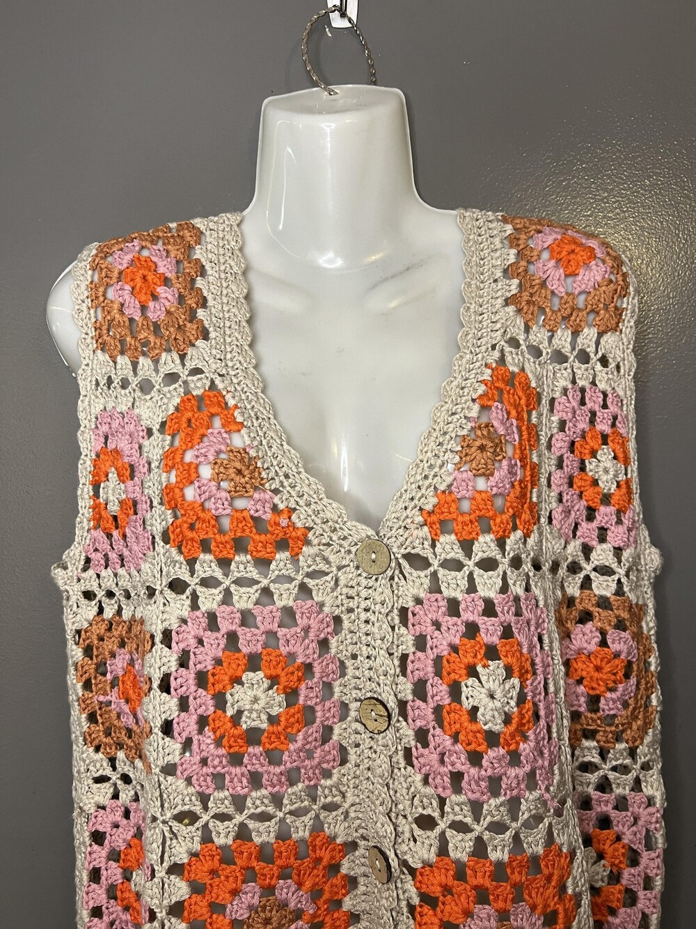 UMGEE Sweater Vest Womens Medium Multicolor Crochet Granny Square Fringe Boho